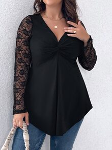 Plus Contrast Lace Twist Front Hanky Hem Top - Black - View 5