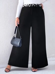 Plus High Waist Leopard Panel Wide Leg Trousers - Black - View 4