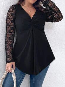 Plus Contrast Lace Twist Front Hanky Hem Top - Black - View 6