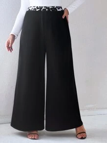 Plus High Waist Leopard Panel Wide Leg Trousers - Black - View 6