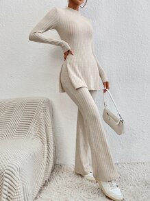 SHEIN Essnce 小高領下擺開叉T恤和喇叭褲