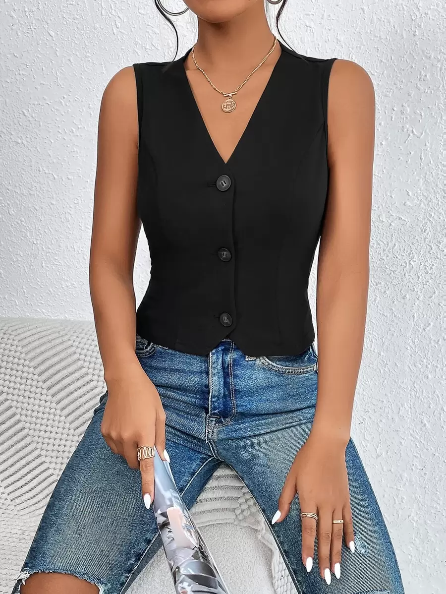 SHEIN Essnce Solid Button Front Vest Blazer - Black - View 1