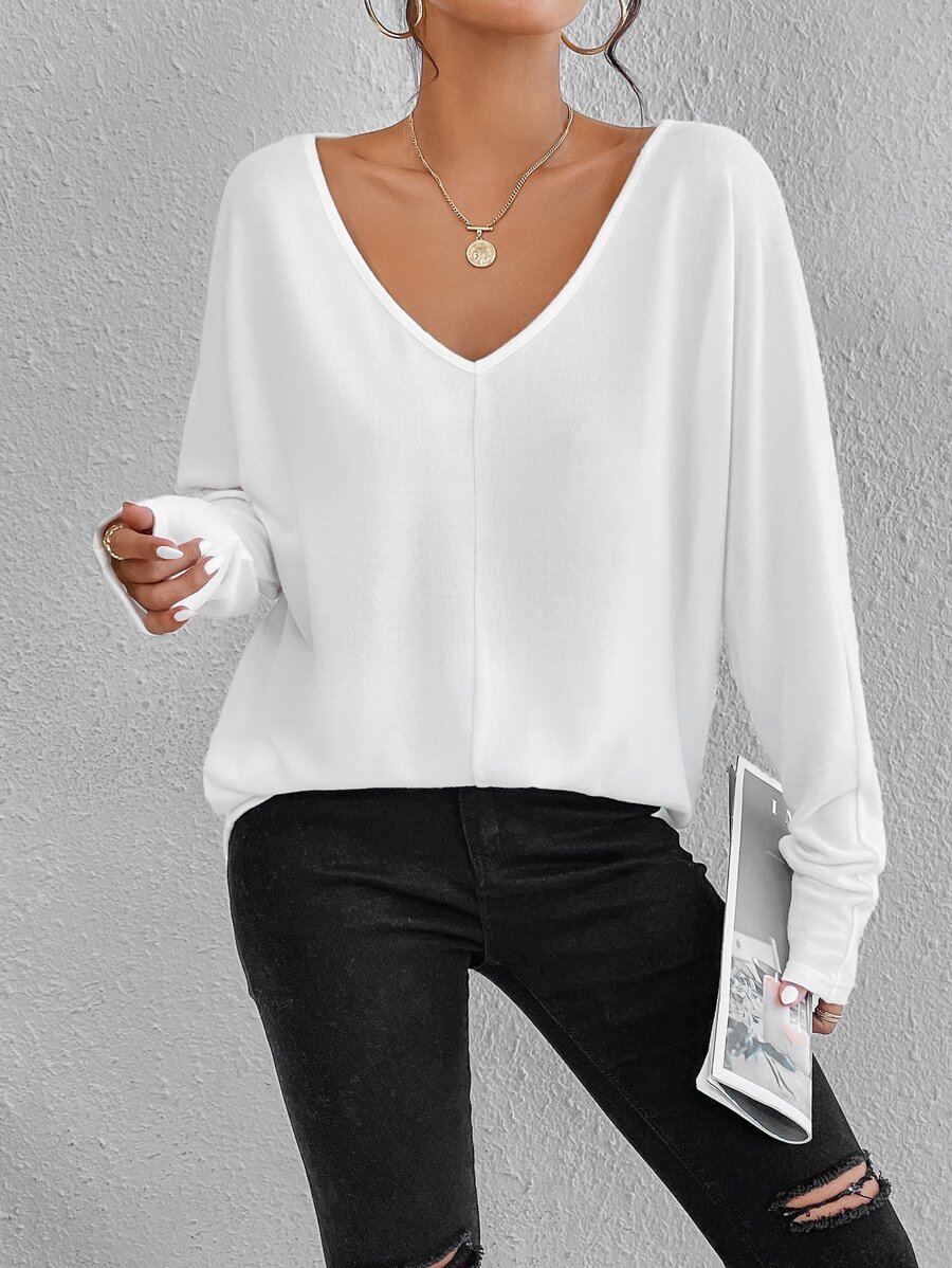 SHEIN Frenchy Solid V Neck Batwing Sleeve Tee Winter White