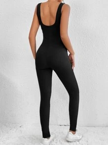 SHEIN EZwear Solid Scoop Neck Unitard Jumpsuit - Black - View 2