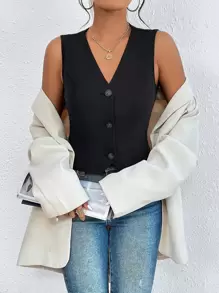 SHEIN Essnce Solid Button Front Vest Blazer - Black - View 3