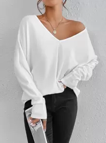 SHEIN Frenchy Solid V Neck Batwing Sleeve Tee Winter White