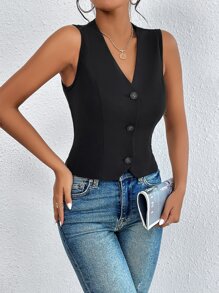 SHEIN Essnce Solid Button Front Vest Blazer - Black - View 5