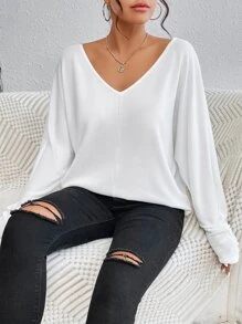 SHEIN Frenchy Solid V Neck Batwing Sleeve Tee Winter White