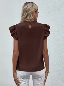 EMERY ROSE Blusa de cuello con fruncido ribete con fruncido de espalda con abertura de ojo - Marrón - Ver 2