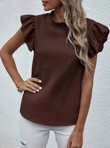 EMERY ROSE Blusa de cuello con fruncido ribete con fruncido de espalda con abertura de ojo - Marrón - Ver 4