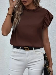 EMERY ROSE Blusa de cuello con fruncido ribete con fruncido de espalda con abertura de ojo - Marrón - Ver 3