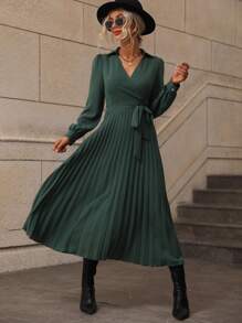 SHEIN LUNE 交疊領燈籠袖百褶下擺繫腰帶連衣裙 - 墨綠色 - 查看 1