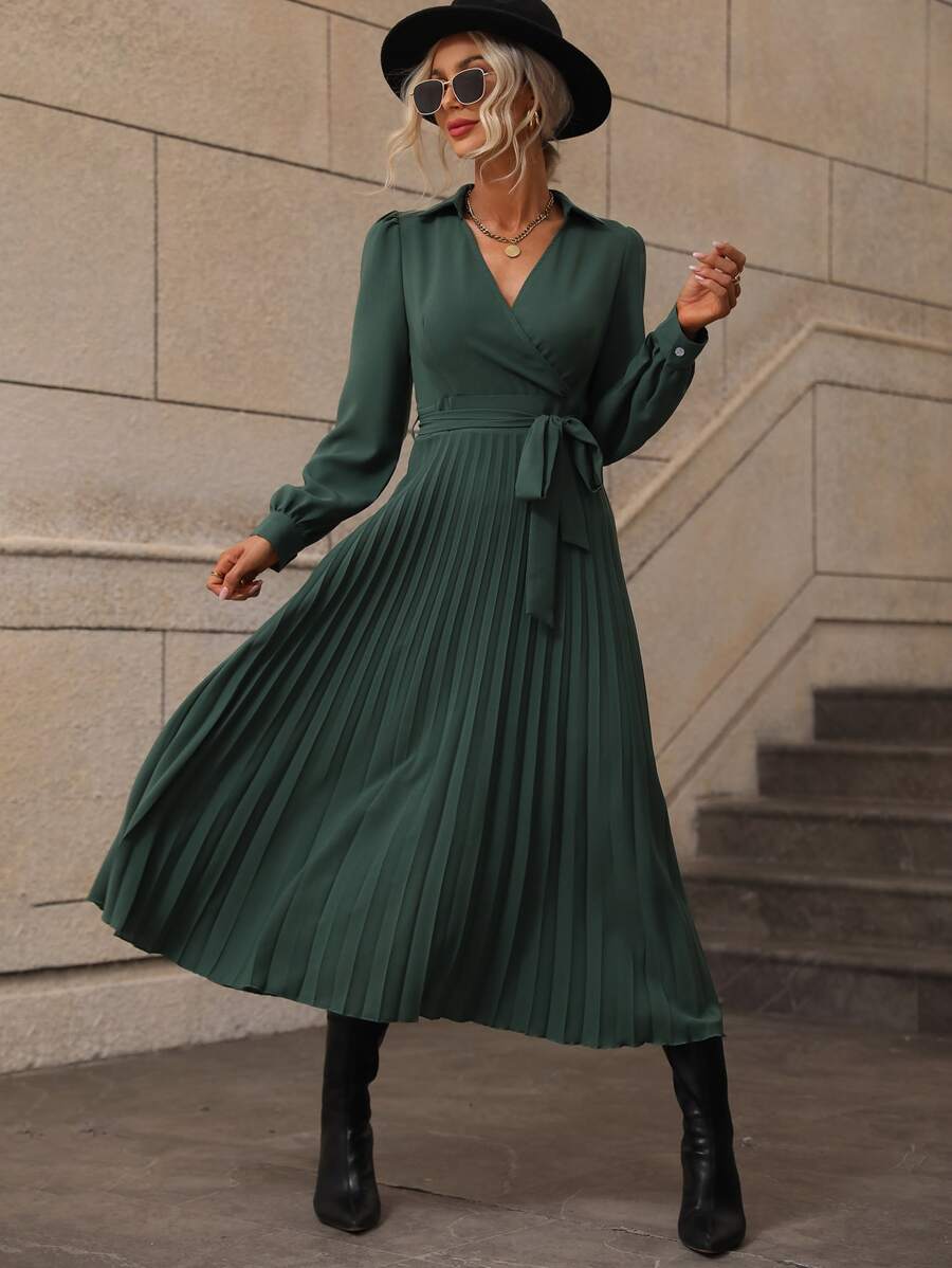 SHEIN LUNE 交疊領燈籠袖百褶下擺繫腰帶連衣裙 - 墨綠色 - 查看 1