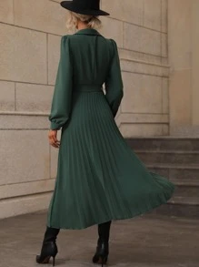 SHEIN LUNE 交疊領燈籠袖百褶下擺繫腰帶連衣裙 - 墨綠色 - 查看 2