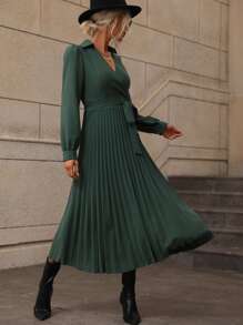 SHEIN LUNE 交疊領燈籠袖百褶下擺繫腰帶連衣裙 - 墨綠色 - 查看 3