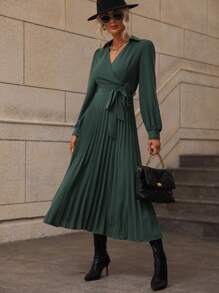 SHEIN LUNE 交疊領燈籠袖百褶下擺繫腰帶連衣裙 - 墨綠色 - 查看 4