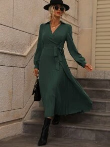 SHEIN LUNE 交疊領燈籠袖百褶下擺繫腰帶連衣裙 - 墨綠色 - 查看 6