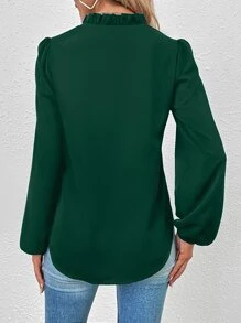 Notched Neck Bishop Sleeve Blouse - Dark Green - View 2