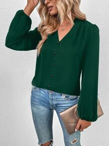 Notched Neck Bishop Sleeve Blouse - Dark Green - View 3