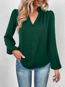 Notched Neck Bishop Sleeve Blouse - Dark Green - View 5