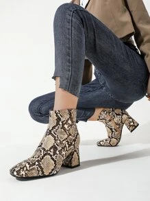 Snakeskin Print Chunky Heeled Boots - Multicolor - View 7