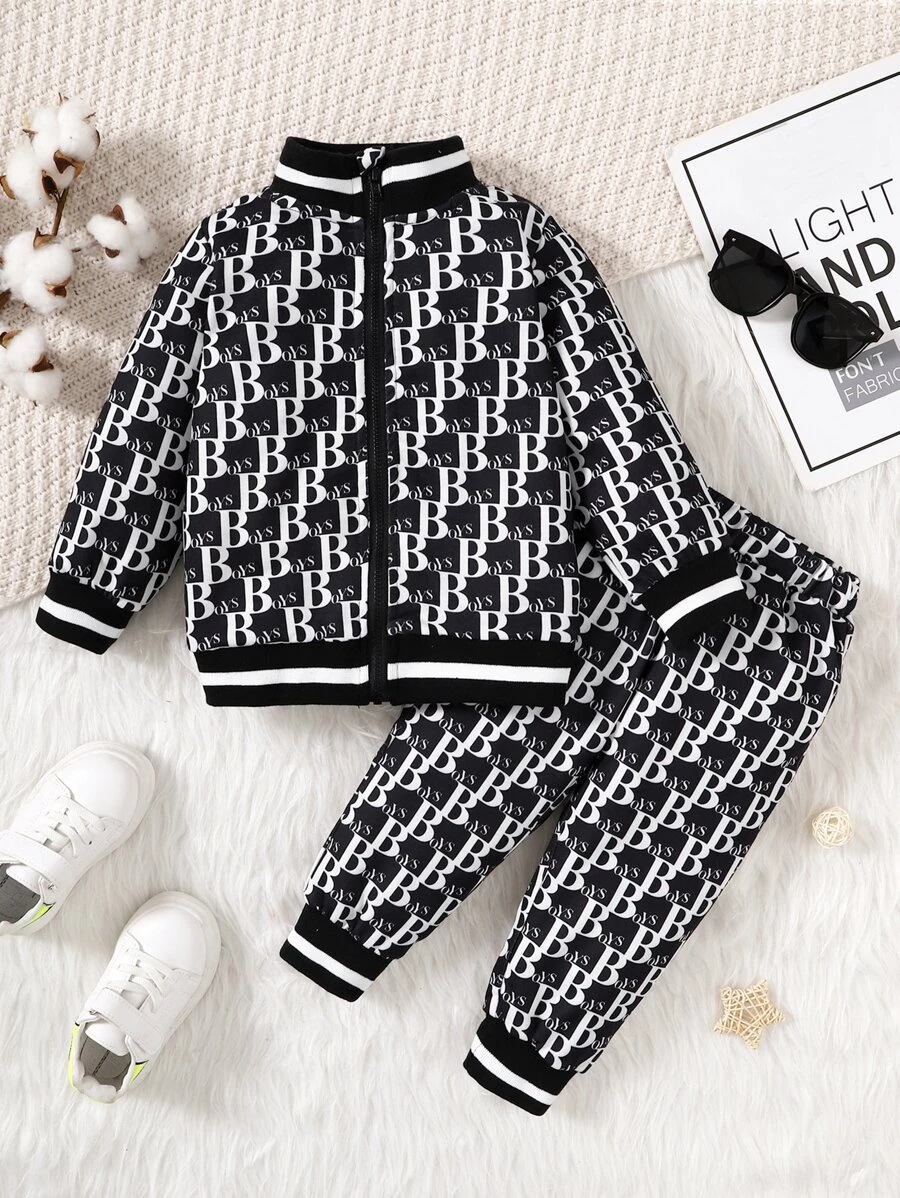 SHEIN Playful Pals 男嬰滿版字母圖案條紋飾邊夾克和運動褲 - 黑與白 - 查看 1