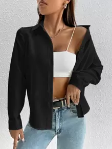 SHEIN PETITE Solid Button Front Shirt - Black - View 1