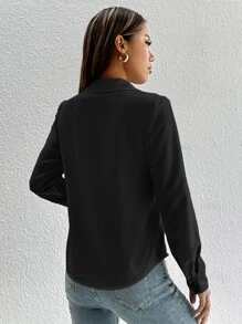 SHEIN PETITE Solid Button Front Shirt - Black - View 2