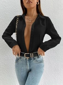SHEIN PETITE Solid Button Front Shirt - Black - View 3