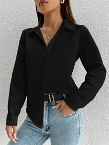 SHEIN PETITE Solid Button Front Shirt - Black - View 4