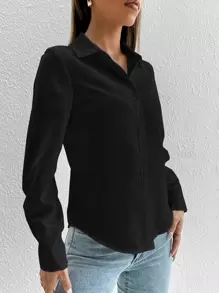 SHEIN PETITE Solid Button Front Shirt - Black - View 5