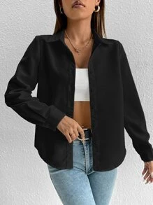 SHEIN PETITE Solid Button Front Shirt - Black - View 6