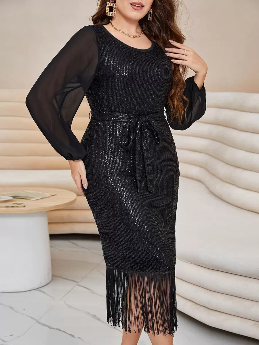 Modelyn Đầm Plus Size Thắt lưng cắt ghép mộng kim sa mép màu trơn Hấp dẫn - màu đen - Xem 1