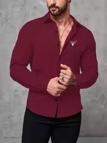 Manfinity Men Antler Embroidery Button Up Shirt - Burgundy - View 1