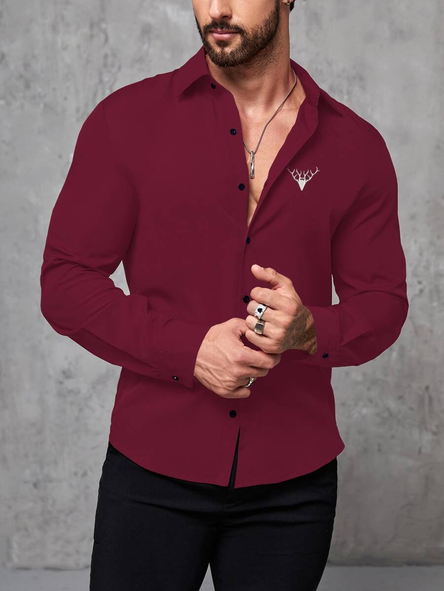 Manfinity Men Antler Embroidery Button Up Shirt - Burgundy - View 1