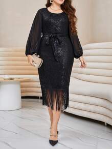 Modelyn Đầm Plus Size Thắt lưng cắt ghép mộng kim sa mép màu trơn Hấp dẫn - màu đen - Xem 5