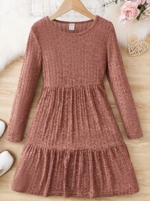 Niñas Vestido tejido jaspeado bajo con fruncido - Marrón - Ver 1