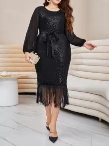 Modelyn Đầm Plus Size Thắt lưng cắt ghép mộng kim sa mép màu trơn Hấp dẫn - màu đen - Xem 6
