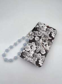 Rose Print Flip Phone Case With Lanyard - Black and White - View 1
