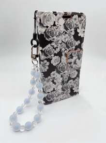 Rose Print Flip Phone Case With Lanyard - Black and White - View 2