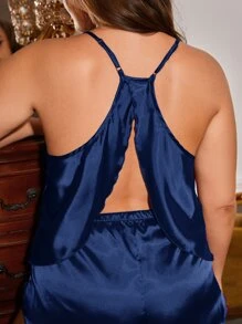 SilkySpell Conjunto de pijama de satén con espalda dividida color sólido para tallas grandes - azul real - Ver 5