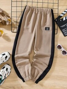 Boys Patched Detail Contrast Side Seam Joggers - Brown - View 1