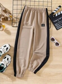Boys Patched Detail Contrast Side Seam Joggers - Brown - View 4