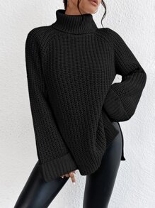 SHEIN Frenchy Turtleneck Raglan Sleeve Split Hem Jumper - Black - View 5