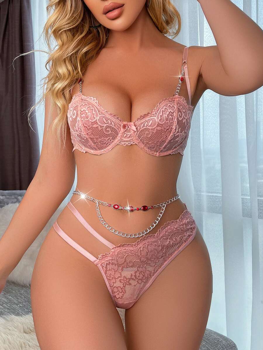 3pack Floral Lace Scallop Trim Bow Front Underwire Lingerie Set - Dusty Pink - View 1