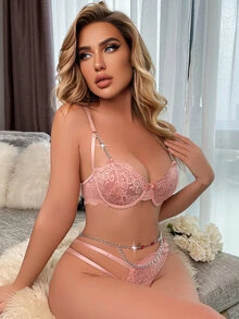 3pack Floral Lace Scallop Trim Bow Front Underwire Lingerie Set - Dusty Pink - View 4