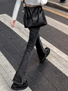 Versatile Plain Flare Pants, Gyaru Fashion Style For Everyday & Commute - Black - View 4