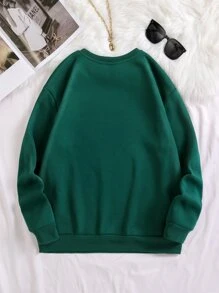 SHEIN LUNE Plus Leopard & Letter Graphic Thermal Lined Sweatshirt - Dark Green - View 2