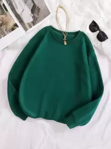 SHEIN EZwear 大碼素色加絨內裏運動衫 - 墨綠色 - 查看 1