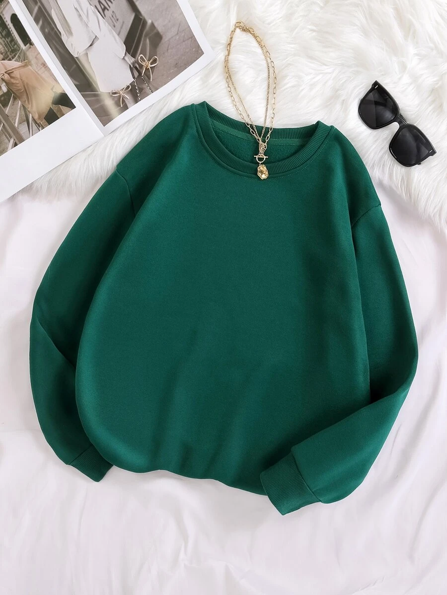 SHEIN EZwear 大碼素色加絨內裏運動衫 - 墨綠色 - 查看 1